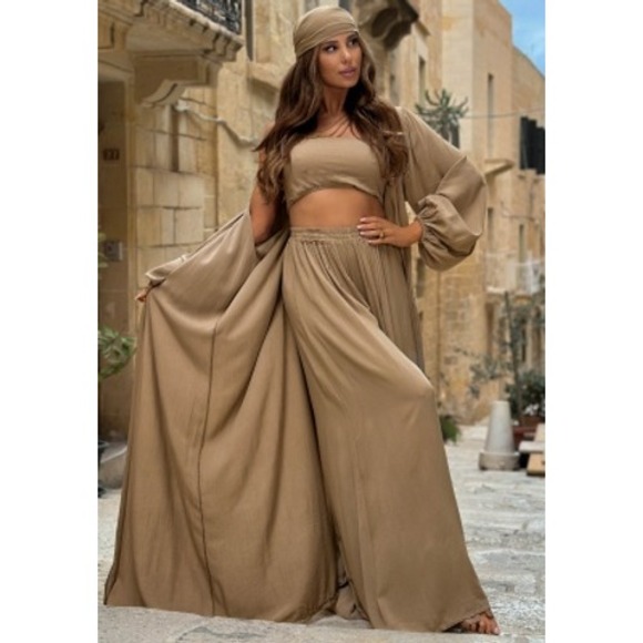Andzela Pants - Andzela Italy 4Piece Set Duster Palazzo Pants Bandeau Headwrap Tan Viscose NEW M